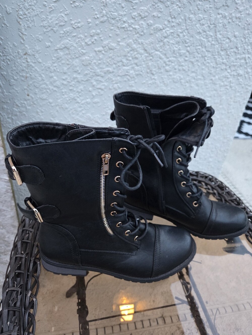 Forever Link Black Lace-Up Combat Boots with Side Zipper